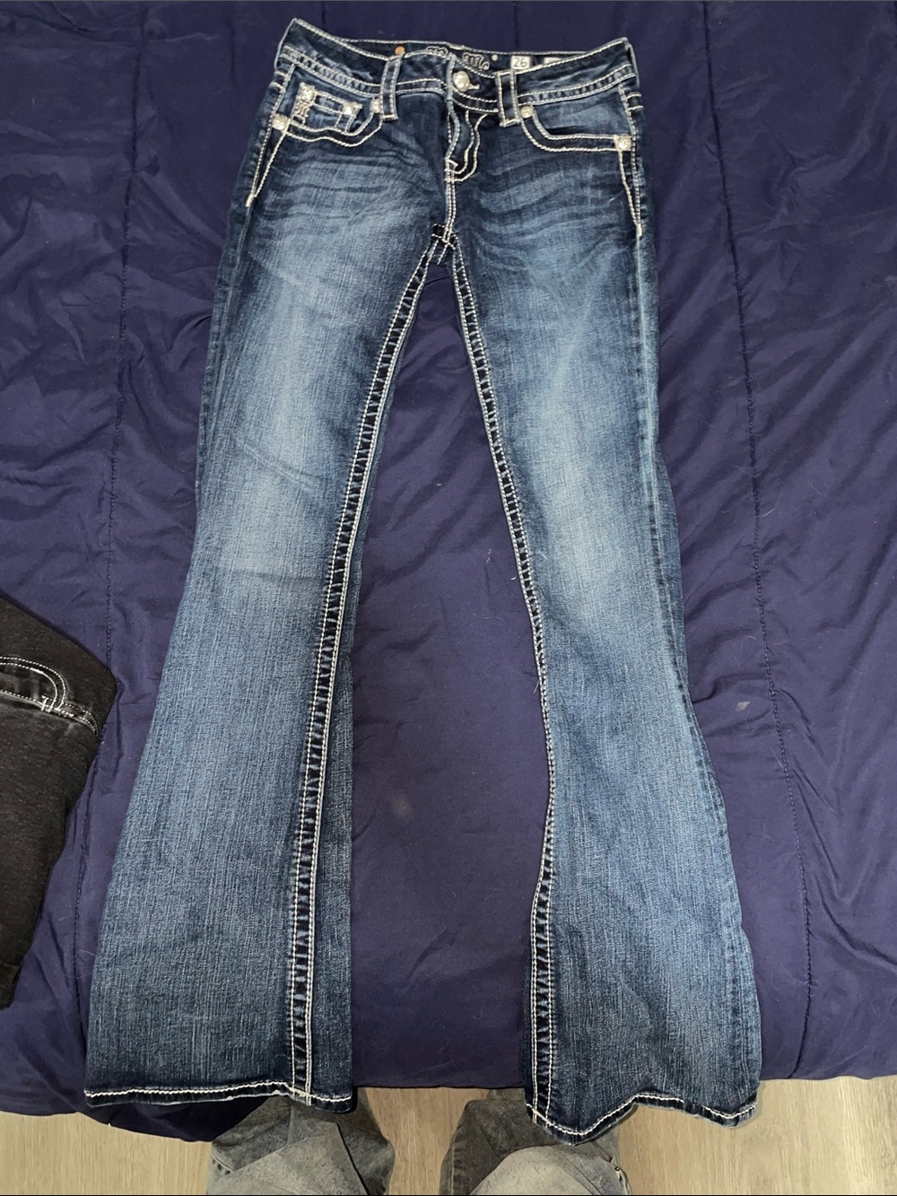 Miss Me Dark Blue Flare Jeans with Contrast Stitching